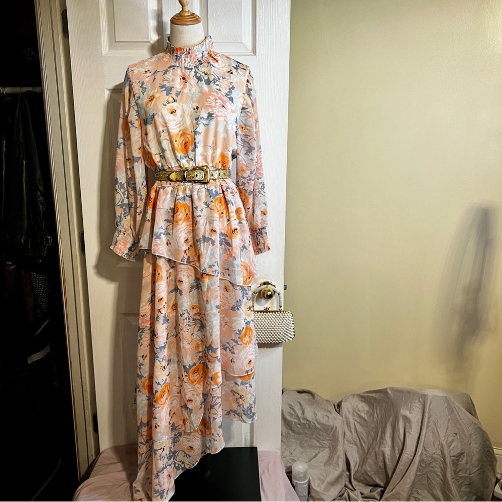 New Wms Made With Love Floral Sheer Tiered Asymmetric Cottagecore‎ Maxi Dress XL